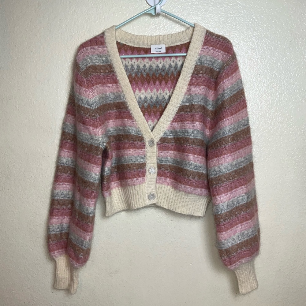 Aritzia Wilfred Cadence Cardigan Sweater Cropped Striped Pink Mohair Wool - Picture 3 of 8